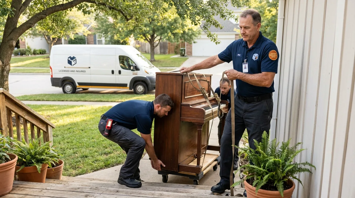 Licensed piano movers securing grand piano in Union City, CA