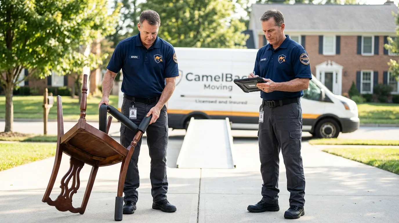 Movers inspecting furniture for damage prevention before loading in Union City, CA