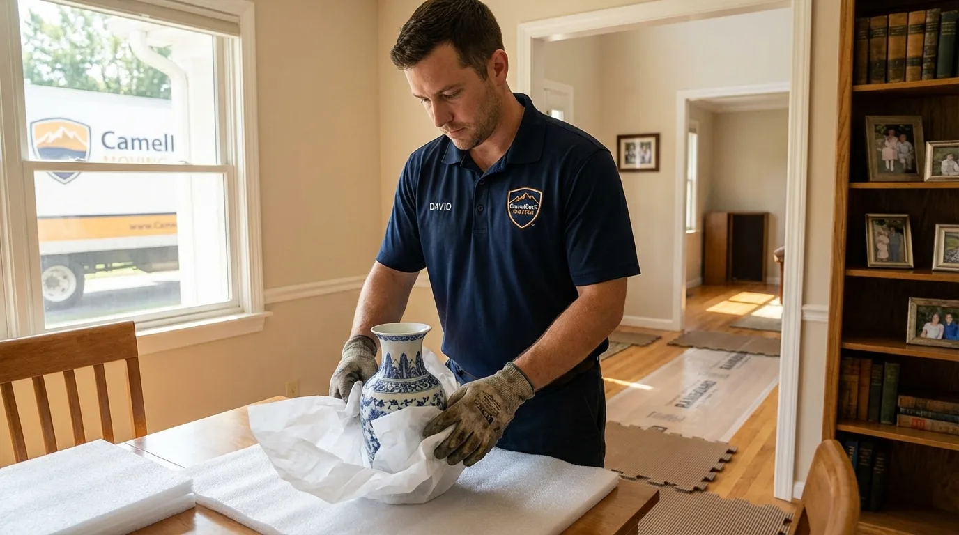 Professional crew carefully wrapping antique vase for senior downsizing move in Union City, CA